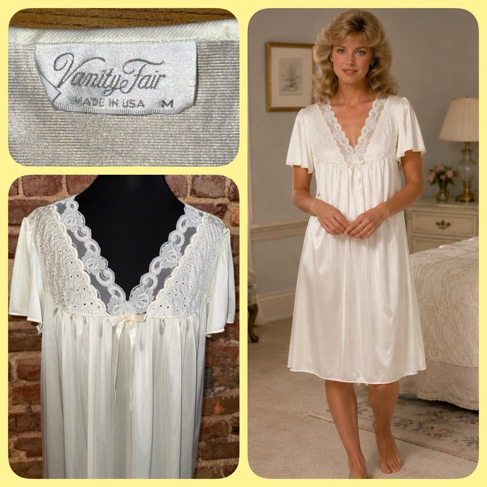 Vintage Vanity Fair Womens Ivory Knee Length Nightgown Size M USA Pristine Cond